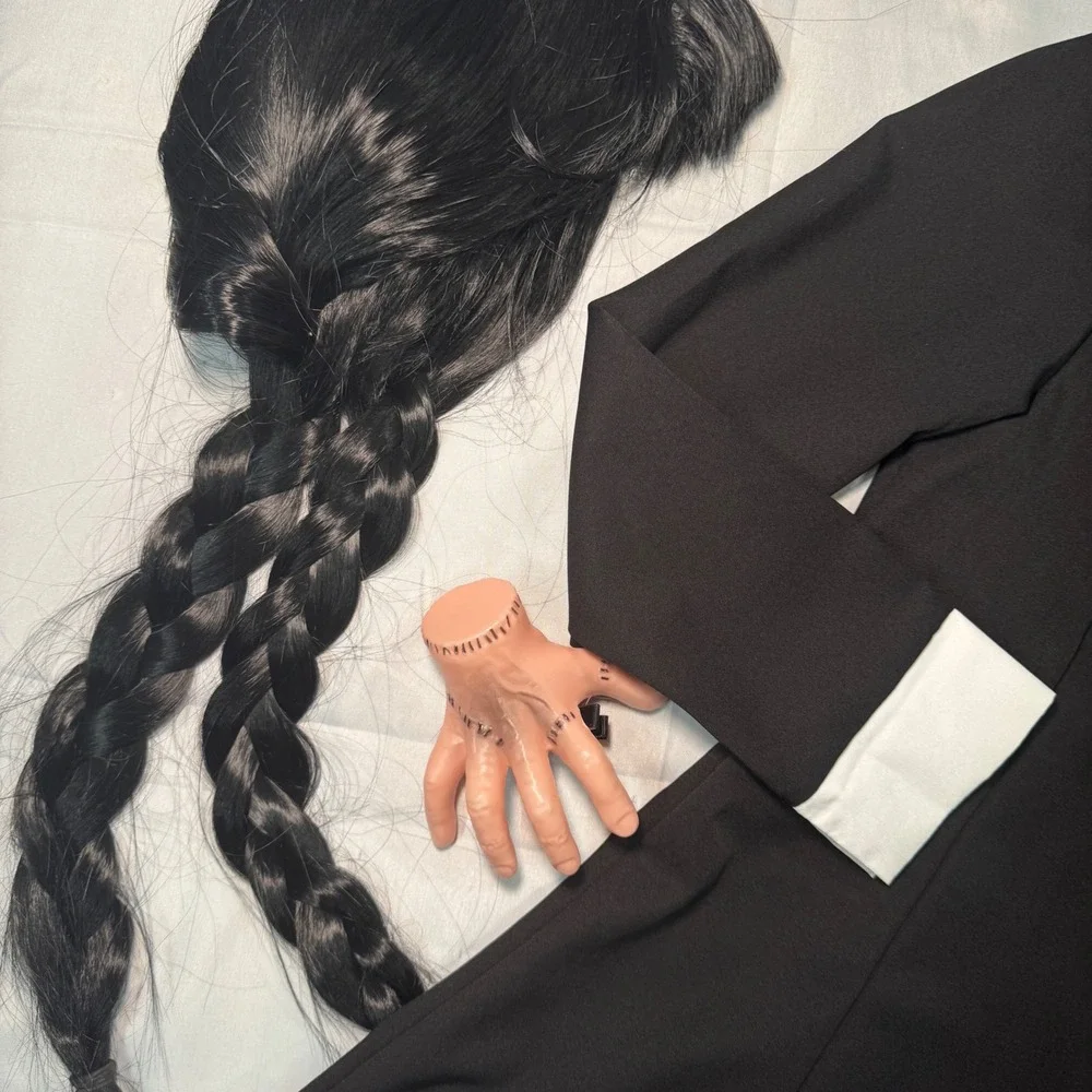 Kids Wednesday Addams Costume Dress Black White Collar Wig Prop Hand Thing